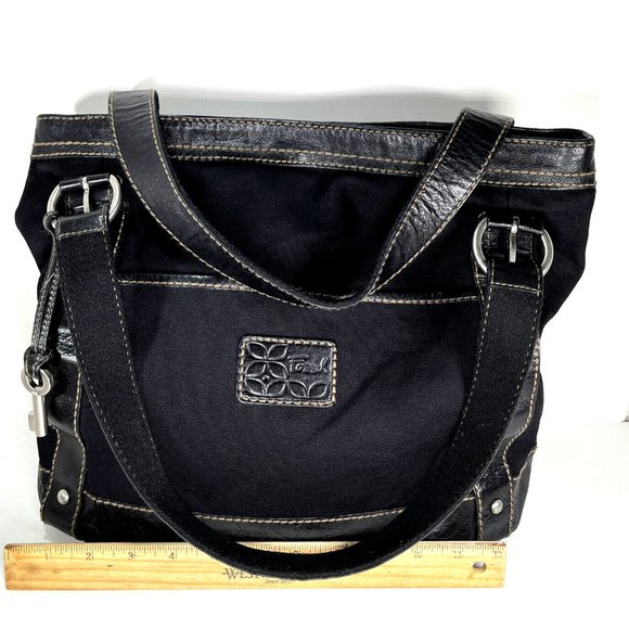 Fossil Large Black Canvas Black Leather Trim Shoulder Bag - Picture 7 of 12